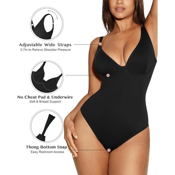 Women Tummy Control Body Suits Deep V Neck Thong Shapewear Bodysuits - Picture 5 of 6